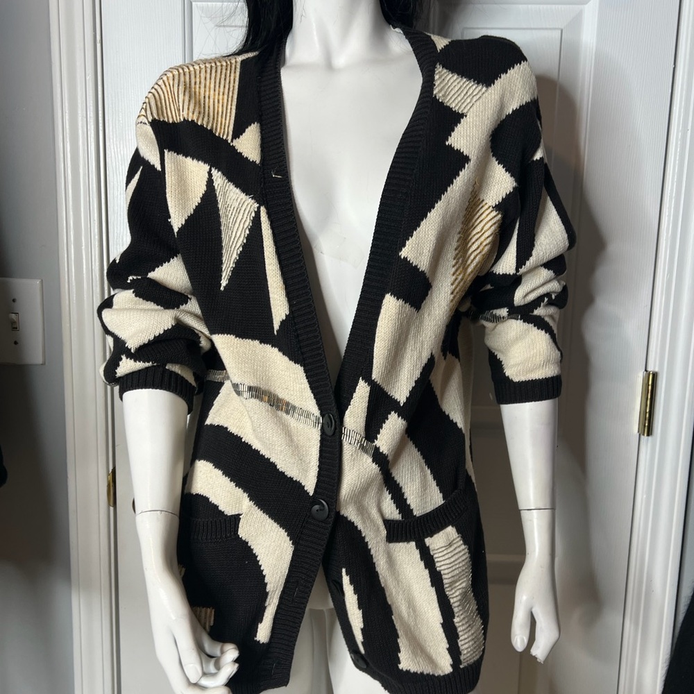 Chaus Black and Cream Abstract Cardigan